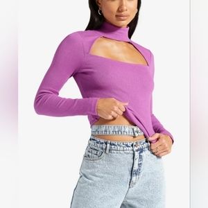 Purple Mock-Neck Cut Out Front Long Sleeve Casual Elegant Shirt Top Size Medium